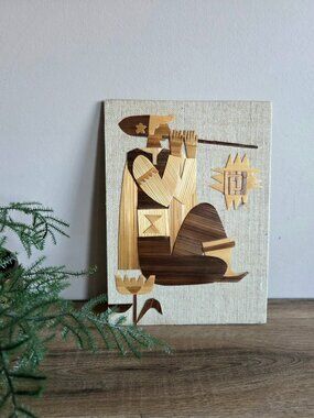 Vintage Straw Inlayed Picture Wall Hanging Sheppard Marquetry Country Folk Art